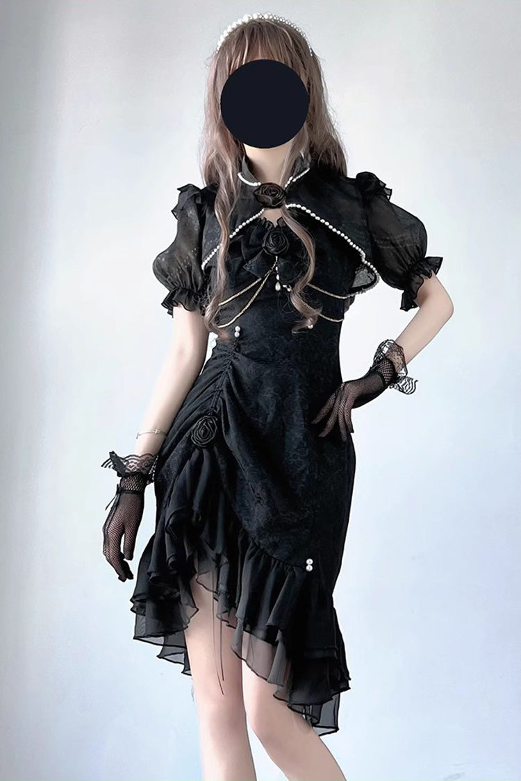 Black Camellia 2.0 Sleeveless Jacquard Ruffle Lace Asymmetric Gothic Chinese Style Fishtail Lolita Jsk Dress