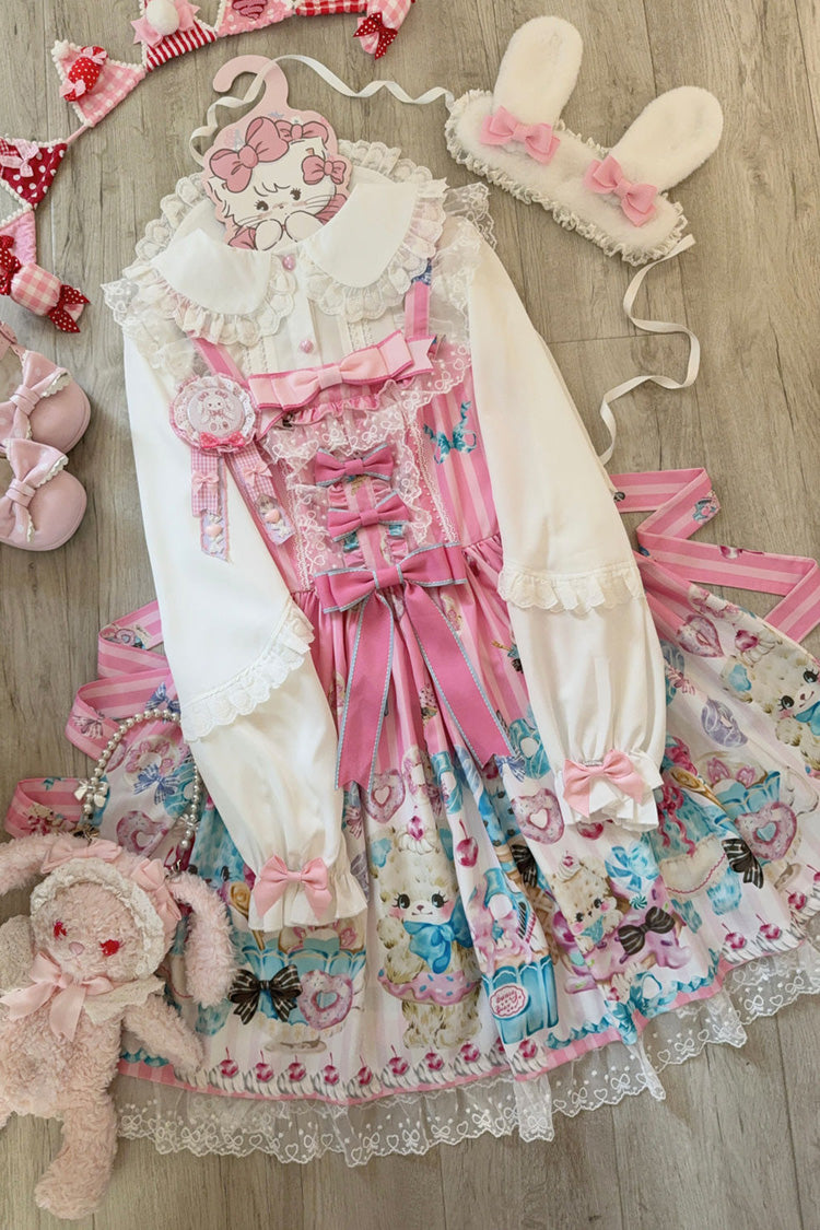 Pink Floral Whisper Bear Print Ruffle Bowknot Lace Sweet Princess Lolita Jsk Dress