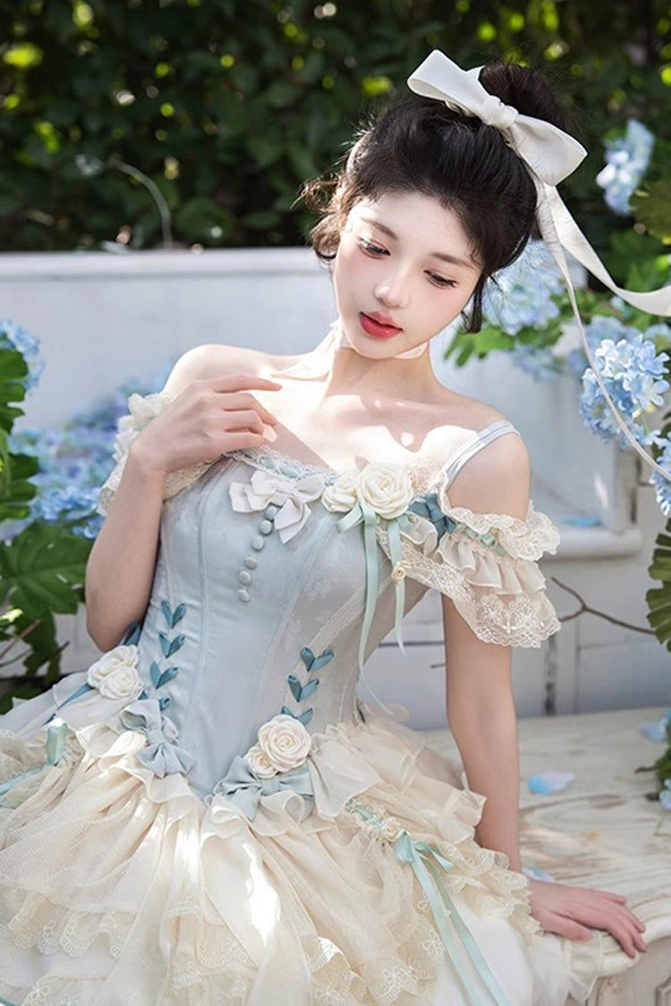 Light Green Off Shoulder Ruffle Bowknot Lace Sweet Elegant Princess Ballet Lolita Tiered Dress