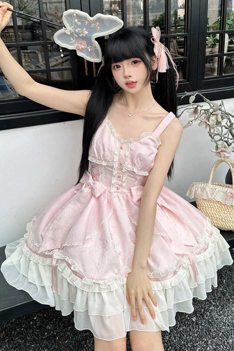 Pink Spring Flower Notes Ruffle Bowknot Lace Sweet Princess Lolita Jsk Dress