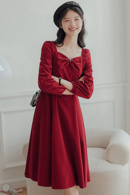 Red French Hepburn Velvet Square Collar Long Sleeves High Waisted Sweet Lolita OP Dress