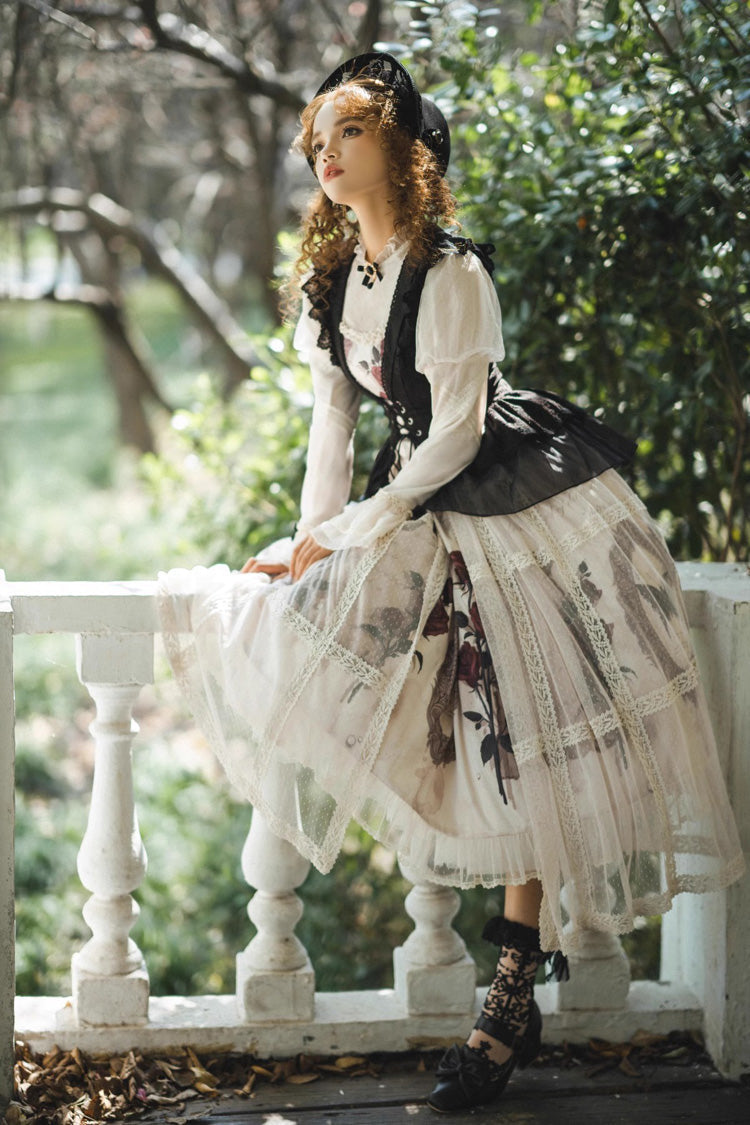 Multi-Color Long Sleeves Print Ruffle French Princess Classic Gothic Lolita Dress Set