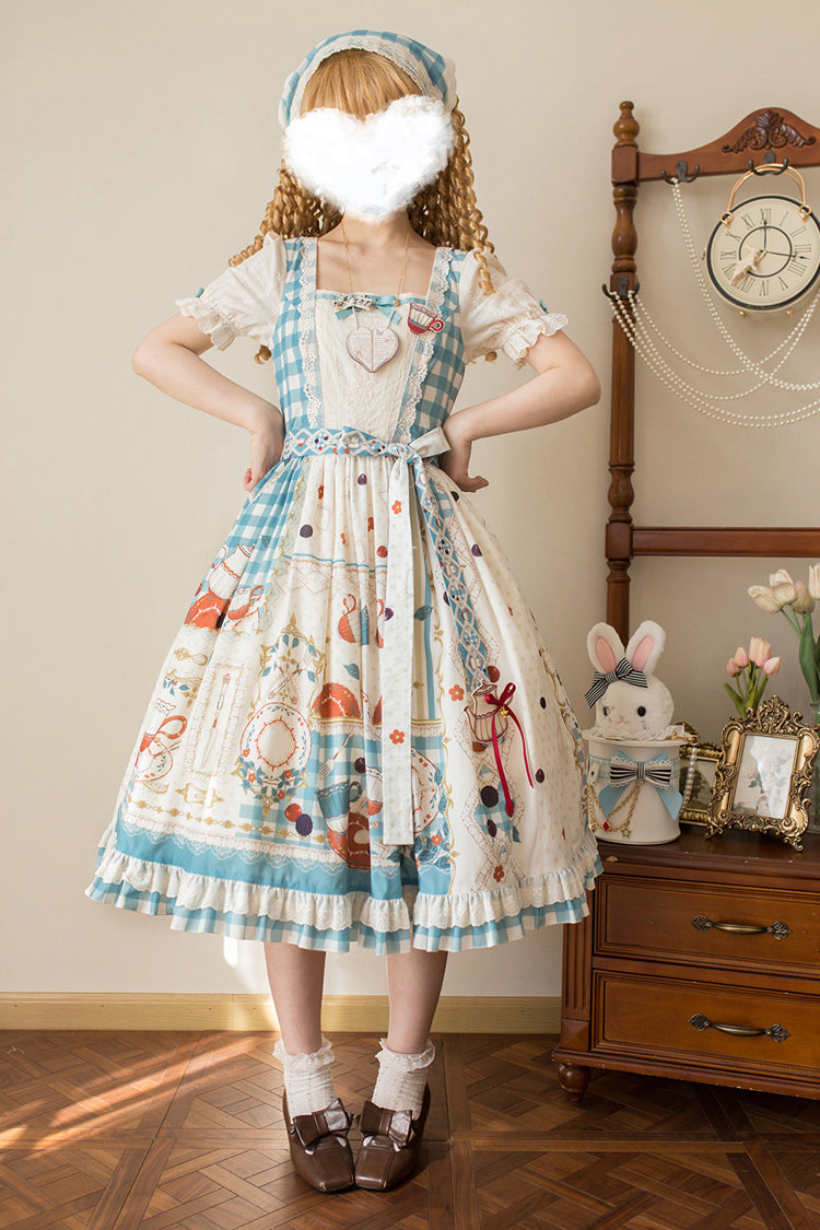 Blue/Green Tea Party Short Sleeves Print Ruffle Bowknot Lace Sweet Elegant Lolita Dress