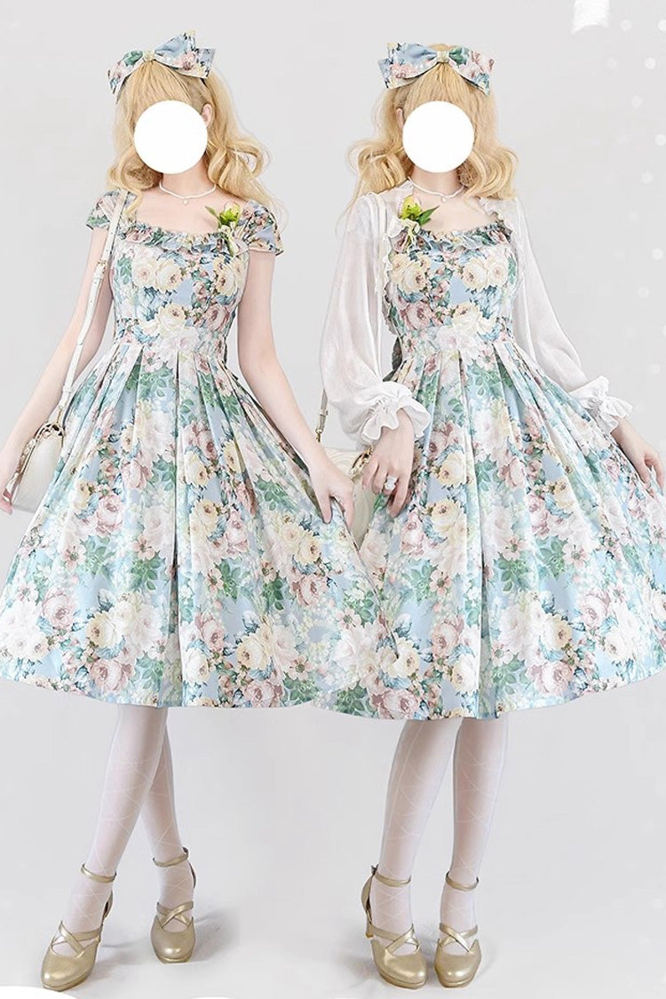 Multi-Color Forest Basket Green Field Flowers Print Bowknot Sweet Elegant Lolita Jsk Dress
