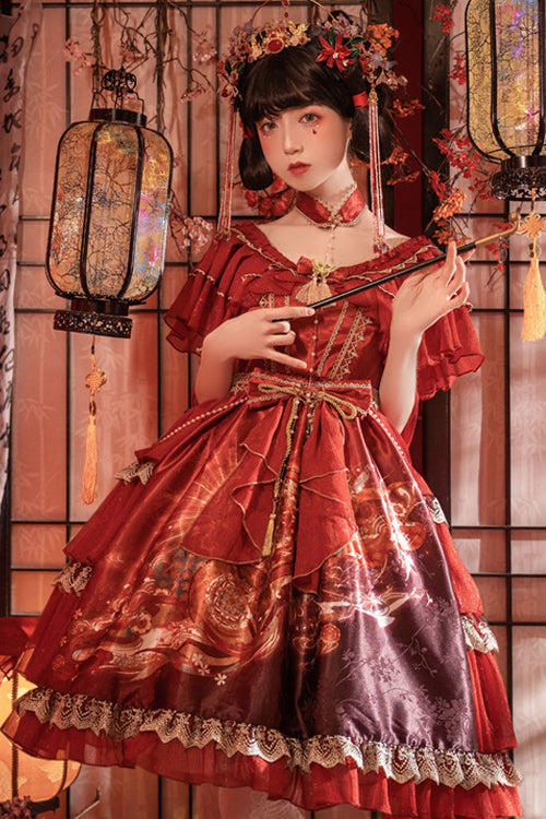 Round Collar Ruffled Short Sleeves Elegant Print High Waist Classic Lolita Dress