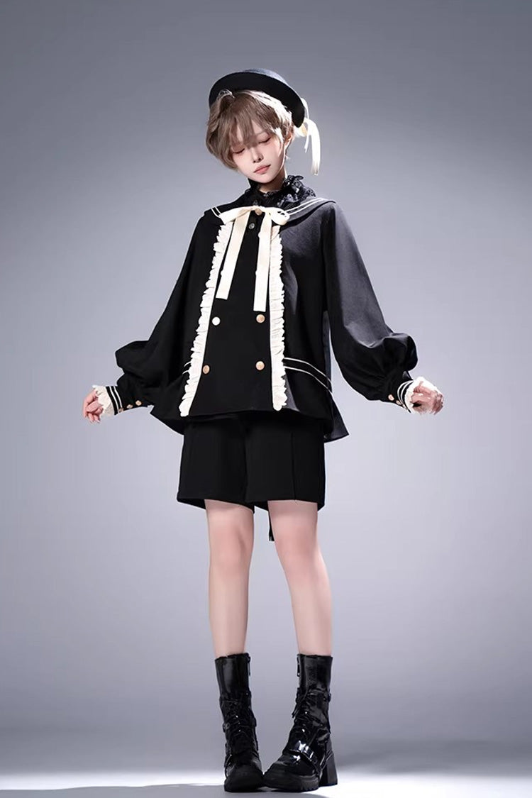 Black City of Mist Navy Collar Long Sleeves Gothic College Style Prince Ouji Lolita Shorts Coat Set