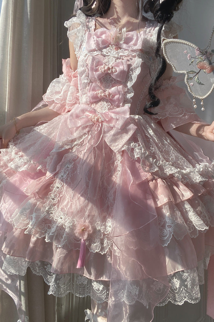 Pink Spring Waters Reflecting Pear Blossoms Ruffled Embroidered Open-Front Bow Lace Sweet Lolita Jsk Dress