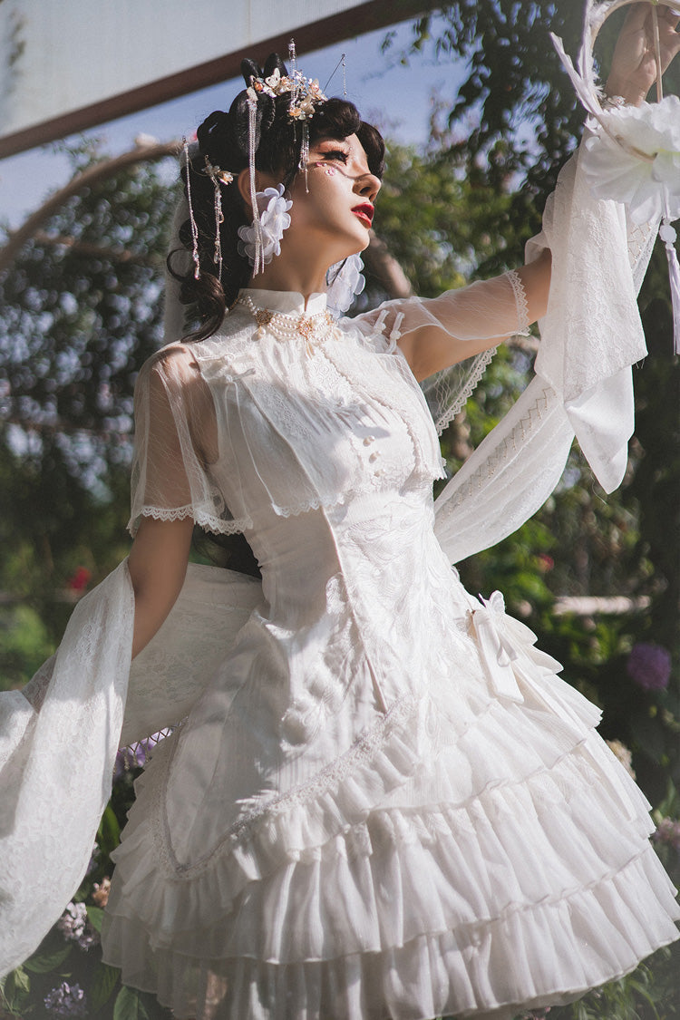 White Stand Collar Ruffle Chinese Qi Shawl Sweet Lolita Dress