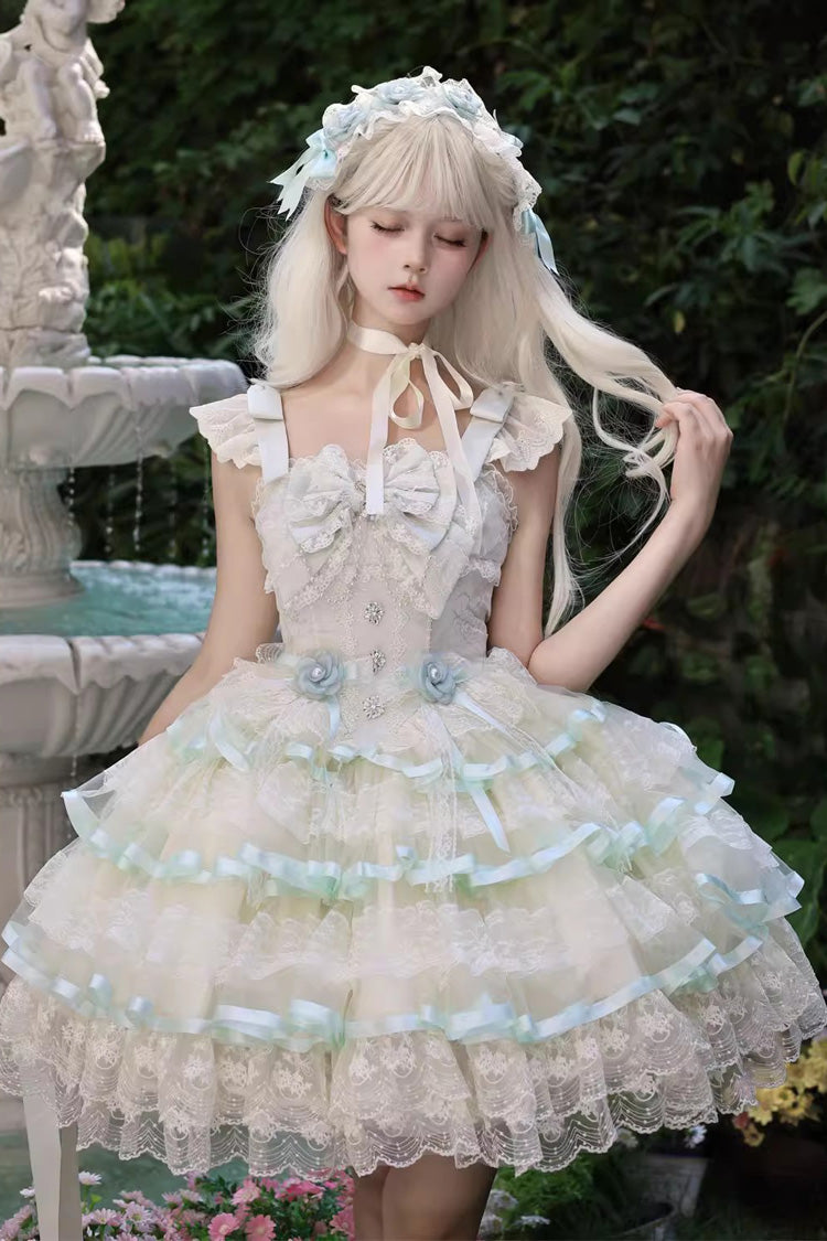 Green Rose Feather Waltz Sleeveless Triple-Layered Ruffle Bowknot Lace Sweet Ballet Lolita Jsk Dress
