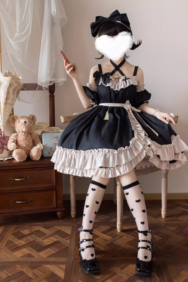 Black Monet Estate Sleeveless High Waisted Ruffle Bowknot Asymmetric Gothic Lolita Jsk Dress