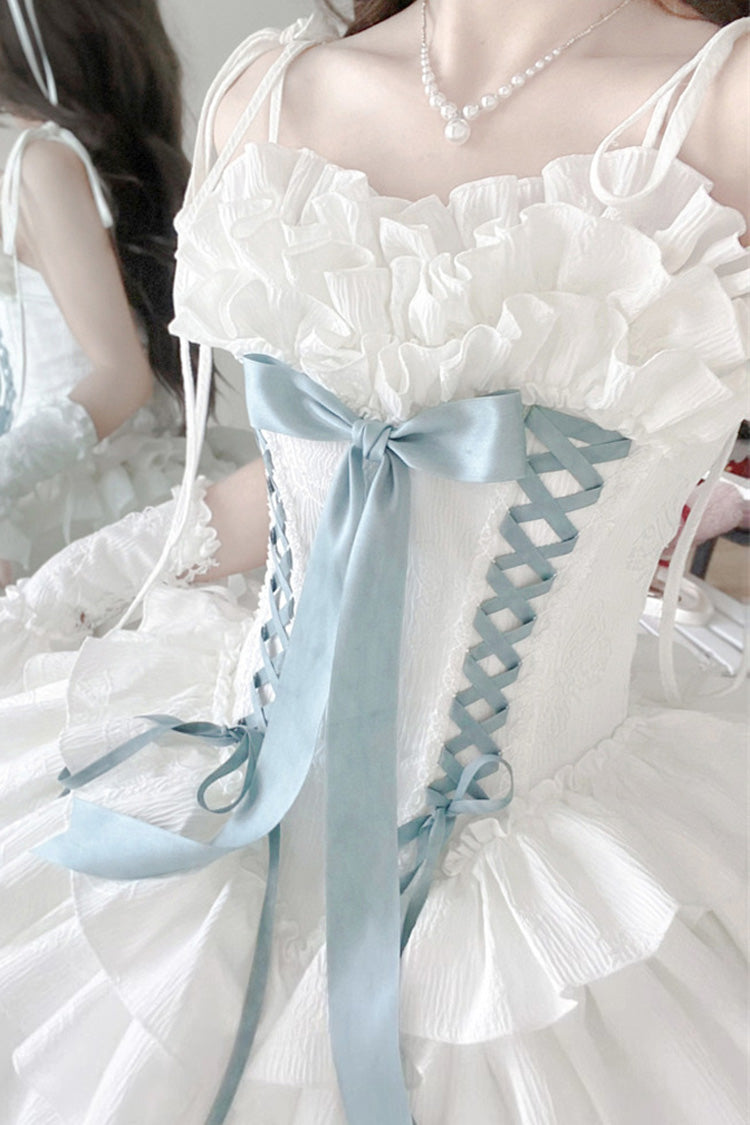 Thousand Paper Cranes Sleeveless Multi-Layered Ruffle Bowknot Lace-Up Fishbone Gothic Lolita Jsk Dress 4 Colors