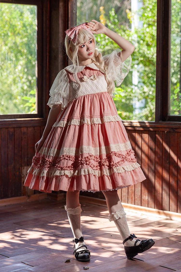 Kindergarten Class Theme Short Sleeves Jacquard Ruffle Bowknot Sweet Lolita Dress 3 Colors