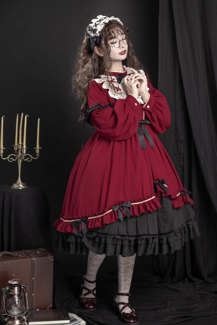Red Long Sleeves Ruffle Bowknot Daily Sweet Princess Lolita Dress
