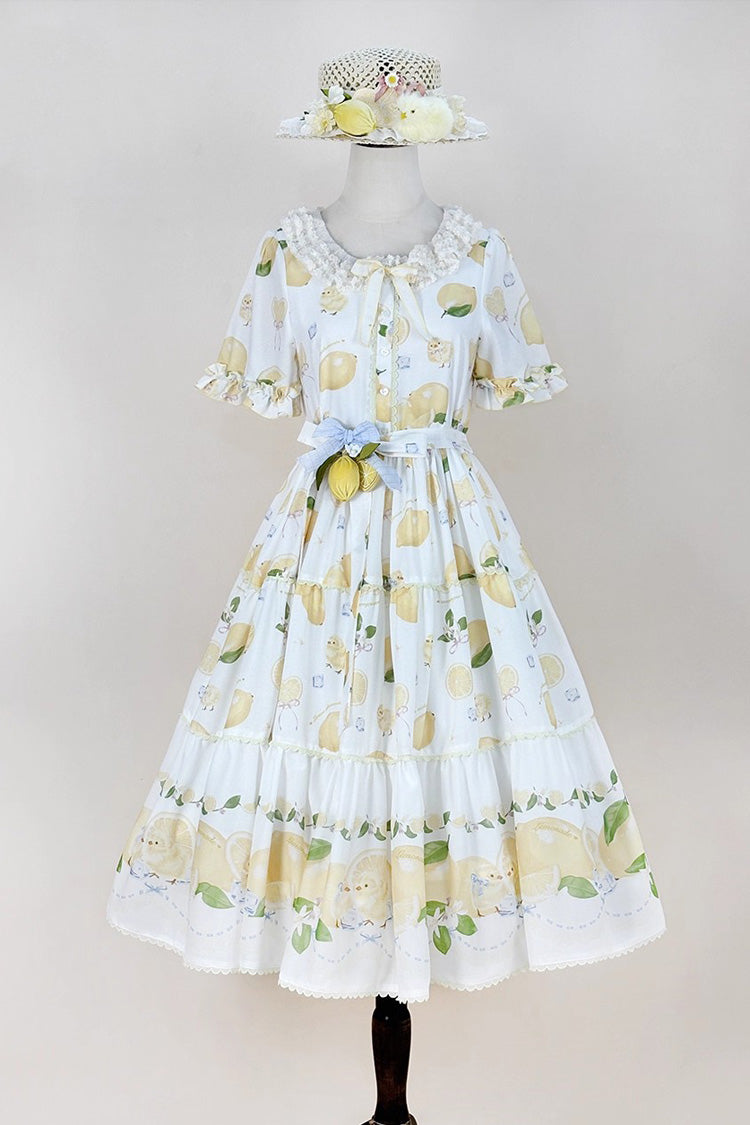 White Lemon Chicken Short Sleeves Print Ruffle Bowknot Lace Daily Sweet Lolita Dress