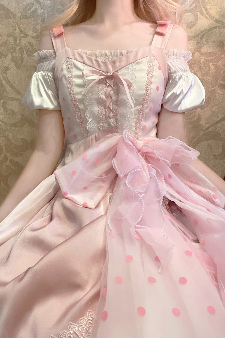 Pink Polka Waltz Sleeveless Print Bowknot Stitching Lace Sweet Lolita Jsk Dress