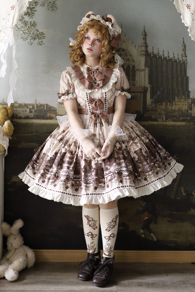 Brown Teddy Bear Party Round Collar Short Sleeves Printed Ruffled Bow Daily Sweet Lolita Dress