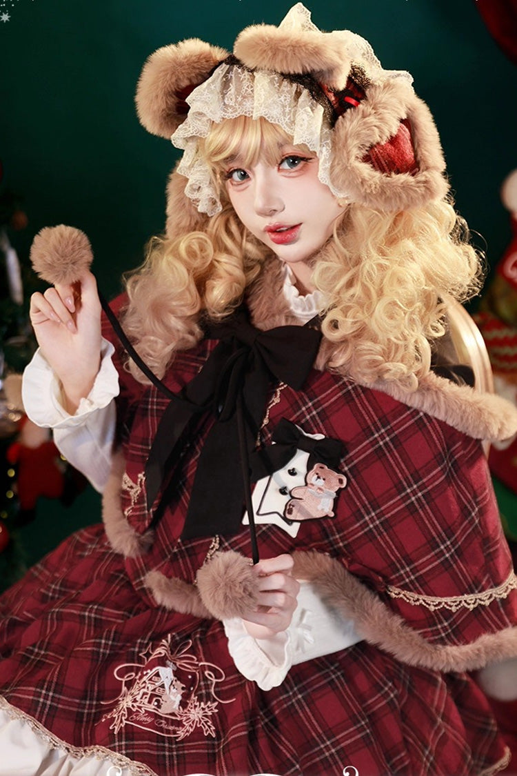 Red Chestnut Bear Cocoa Multi-Layered Christmas Plaid Print Ruffle Bowknot Sweet Lolita Jsk Dress Cloak