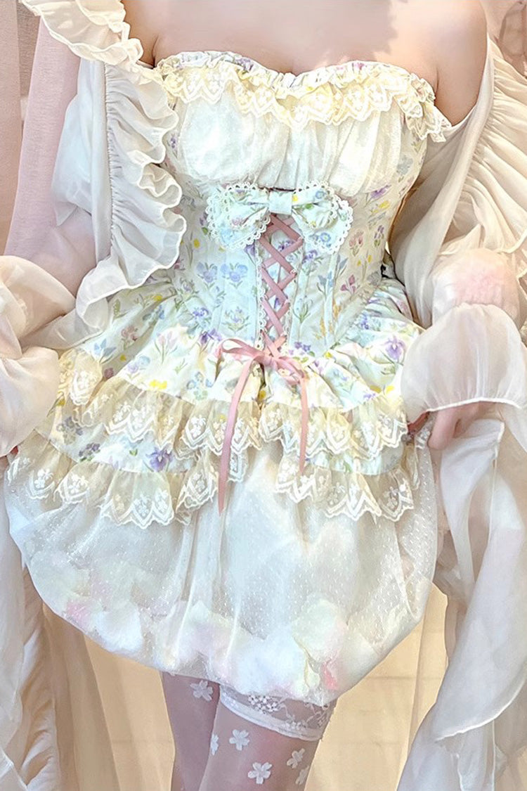 Ivory Flower Story Tulip Print Bowknot Lace Sweet Lolita Skirt