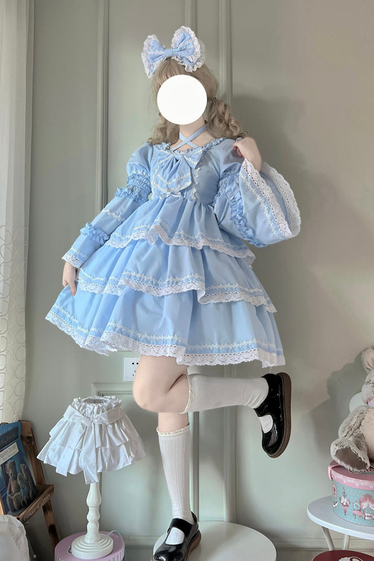 Blue Triple-Layered Detachable Sleeves Bowknot Lace-Up Sweet Lolita Dress