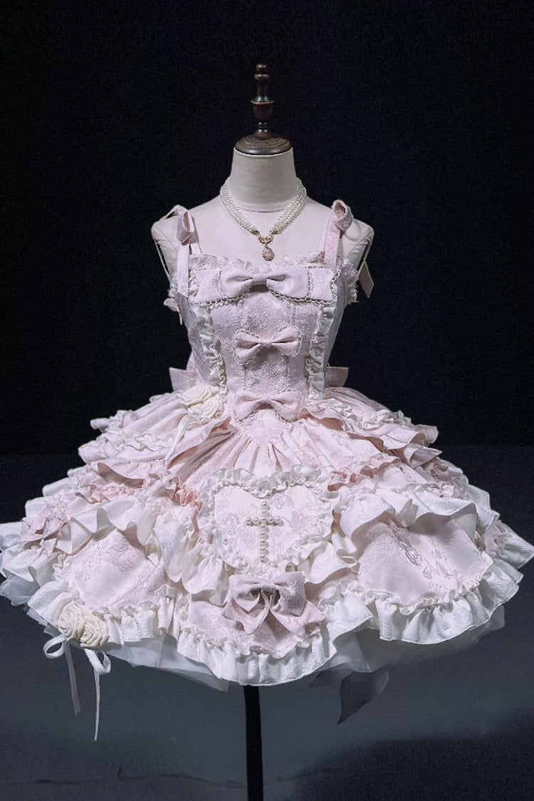 Pink Heart of Butterfly Halterneck Sleeveless Multi-Layered Ruffle Embroidery Princess Ballet Lolita Jsk Dress Set