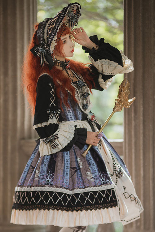 Multi-Color Finches In The Mirror Print Cardigan Long Sleeves Princess Ruffled Classic Lolita OP Dress