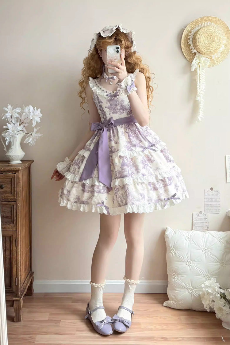 Purple Grape Moon Almanac Sleeveless Multi-Layered Printed Ruffled Bow Adjustable-Length Sweet Lolita Jsk Dress
