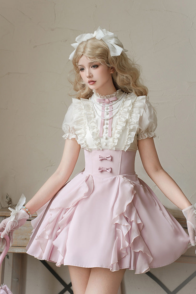 Pink/Apricot Miss Lola Stand Collar Short Sleeves Ruffle Bowknot Sweet Lolita Dress