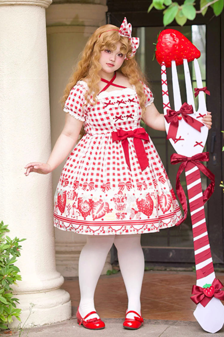 Red Short Sleeves Strawberry Plaid Print Bowknot Sweet Plus Size Princess Lolita Dress