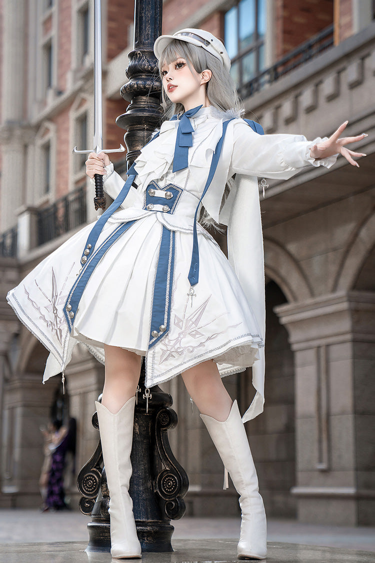 White/Blue Star Knight Print Punk Military Princess Handsome Ouji Lolita Skirt