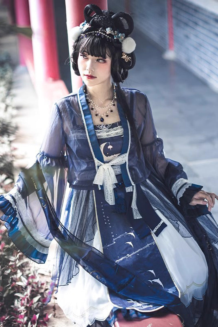 Night and the Oriole Print Ruffle Bowknot Lace Sweet Chinese Style Lolita Jsk Dress 2 Colors