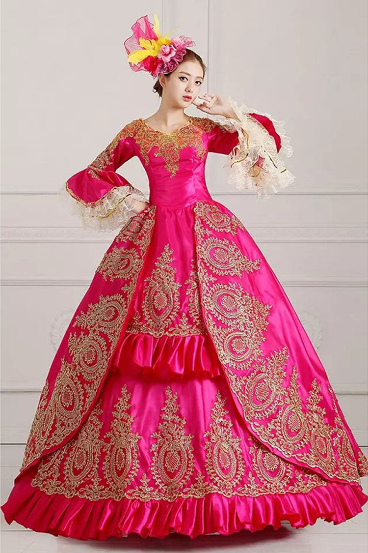 Multi-Layer Half Sleeves Trumpet Sleeves High Waisted Hollow Embroidery Floral Print Ruffled Victorian Lolita Prom Dress