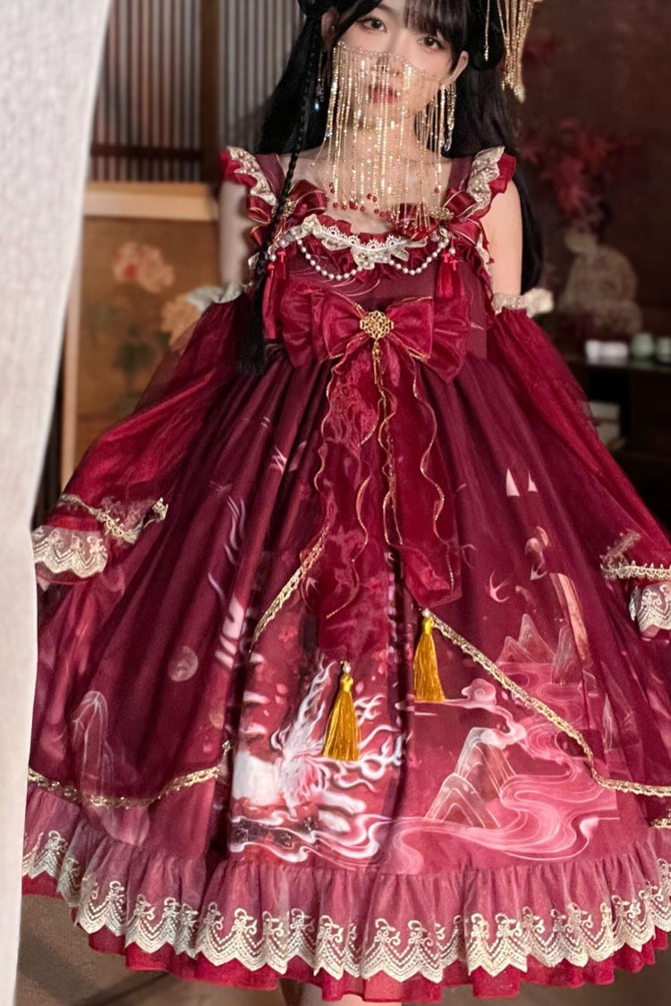 Nine-tailed fox Print Ruffle Bowknot Classic Chinese Style Princess Lolita Jsk Dress 2 Colors