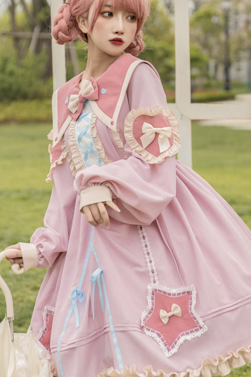 Round Collar Chiffon Ruffled Lantern Sleeves Pentagram Embroidered High Waisted Sweet Lolita OP Dress