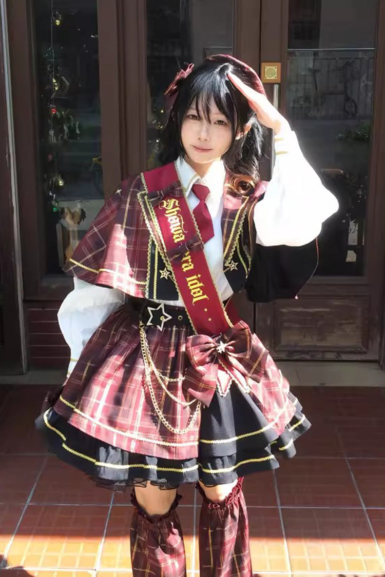 Red Shōwa Little Idol Lapel Collar Long Sleeves Ruffled Open-Front Bow Asymmetric Classic Lolita Skirt Set