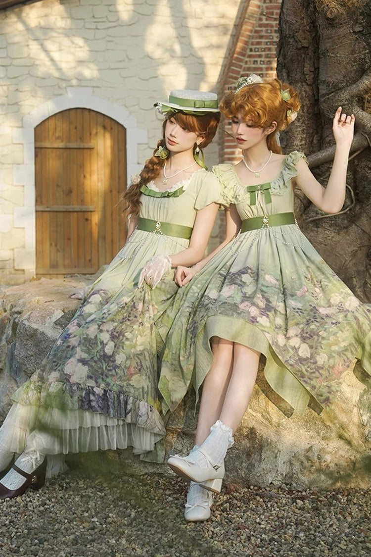 Green Blooming Roses Print Oil Painting Chiffon Ruffle Bowknot Irregular Sweet Lolita Jsk Dress
