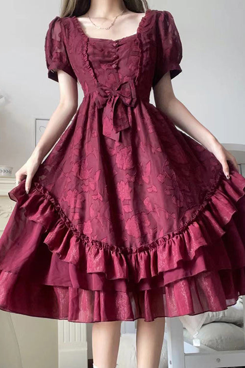 French Elegant Print Multi-Layer Ruffled Short Sleeve Classic Lolita Dress