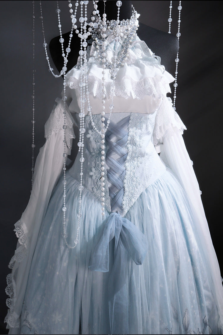 Blue Snow Lily Print Ruffle Hanayome Embroidery Bowknot Lace-Up Sweet Elegant Princess Lolita Skirt Set