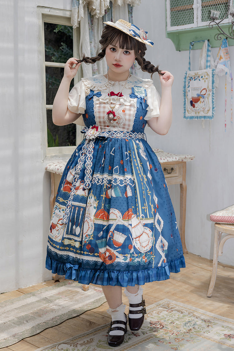 Dark Blue Tea Party Print Ruffle Bowknot Lace Sweet Elegant Lolita Jsk Dress