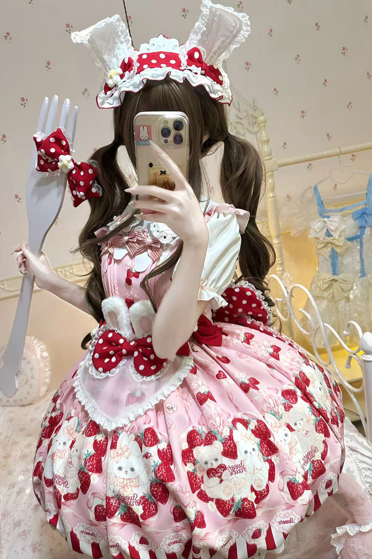 Cream Rabbit Strawberry Print Sleeveless Bowknot Sweet Lolita Jsk Dress 2 Colors