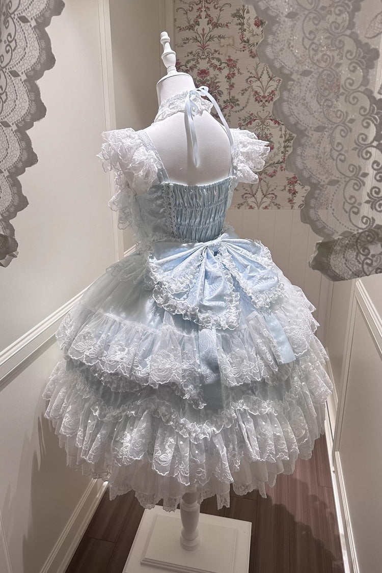 Blue Sakura Dream Romance Sleeveless Multi-Layered Ruffled Hanayome Bow Lace Sweet Princess Lolita Jsk Dress