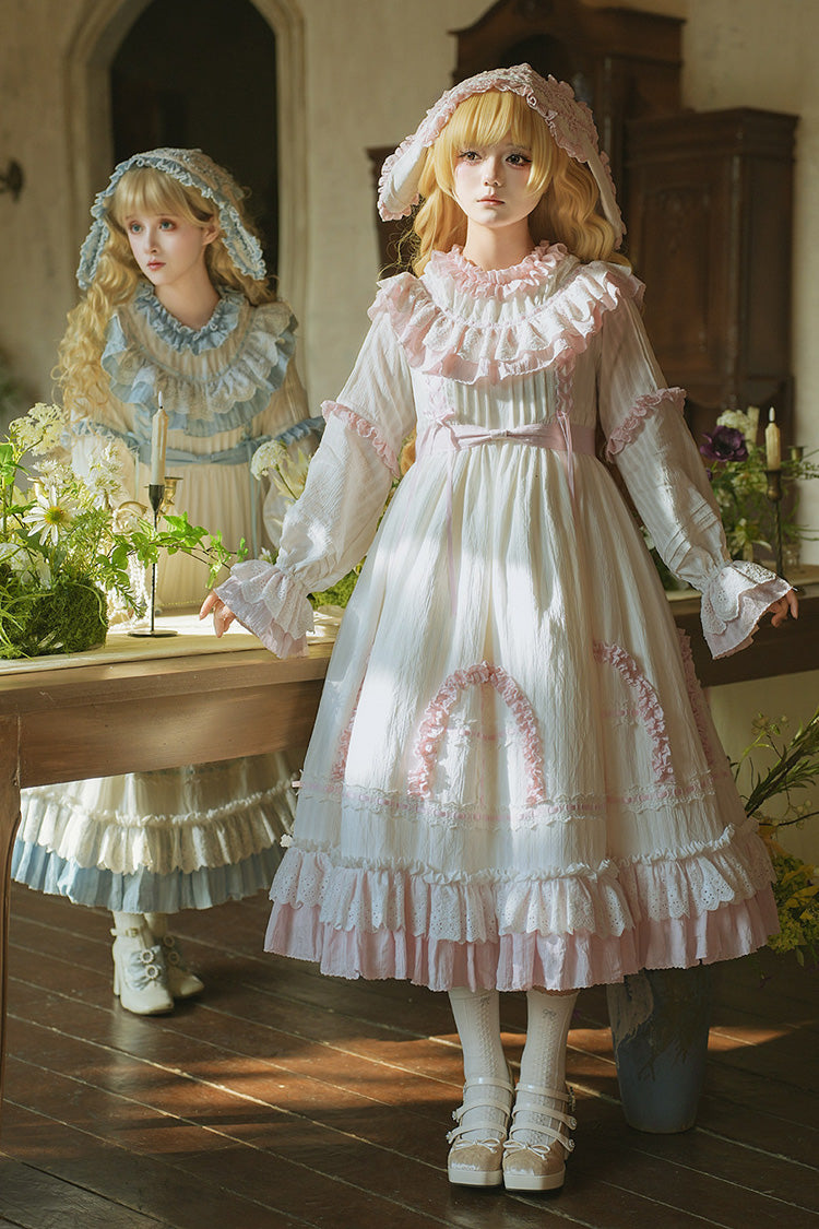 Blue Twin Lilian Round Collar Long Sleeves Double-Layered Ruffled Bow Lace-Up Sweet Lolita Dress