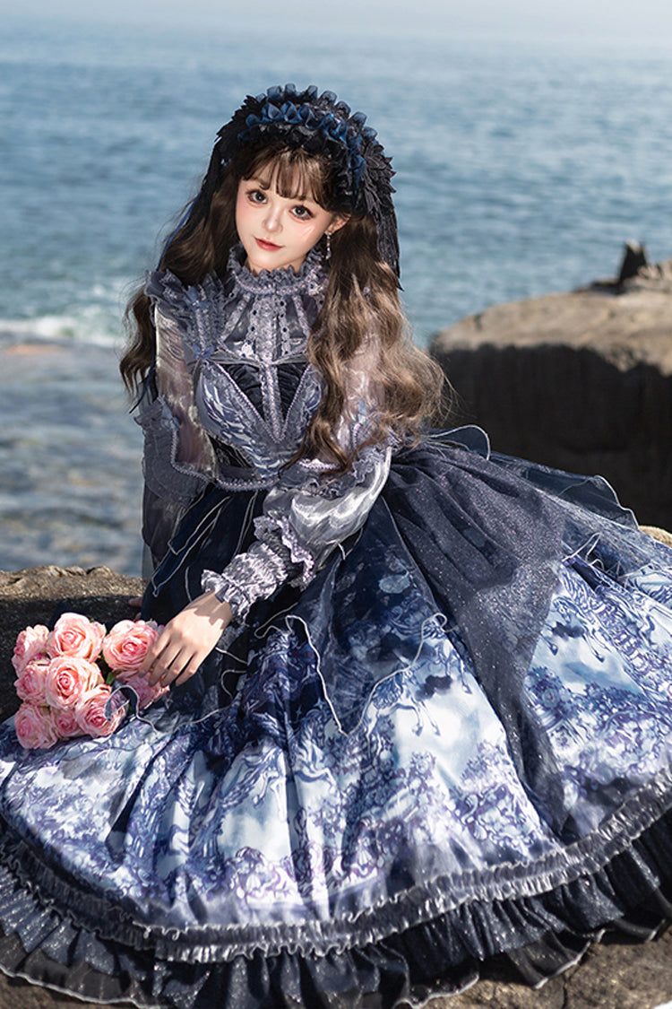 Blue Angel Garden Print Ruffle Bowknot Asymmetric Classic Elegant Lolita Jsk Dress