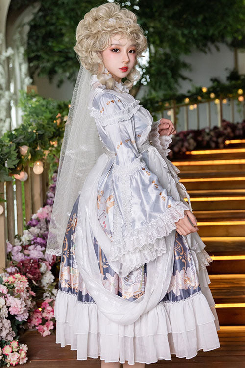White/Purple Hanayome Cardigan High Waisted Trumpet Sleeves Multi-Layer Ruffled Sweet Lolita OP Dress