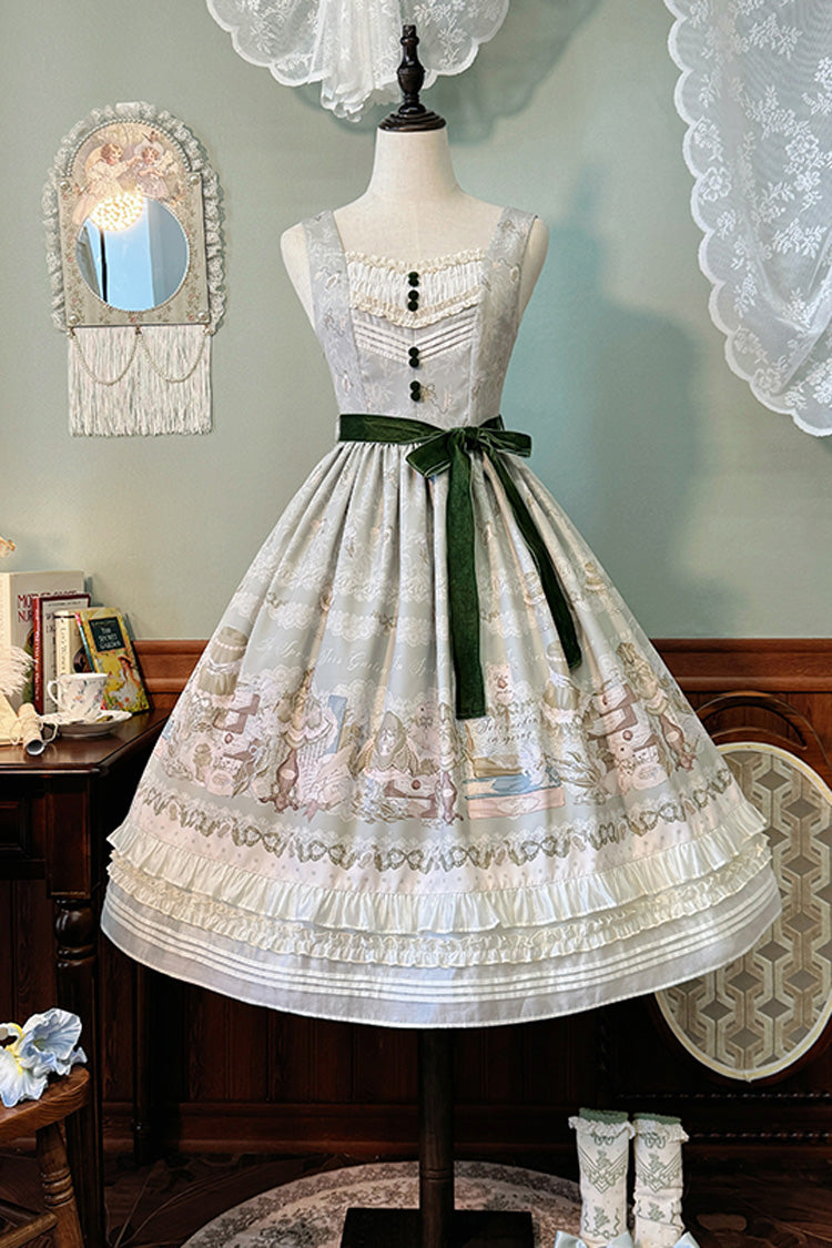 Iris Study V Collar Sleeveless Print Bowknot Lace Sweet Lolita Jumper Dress 2 Colors