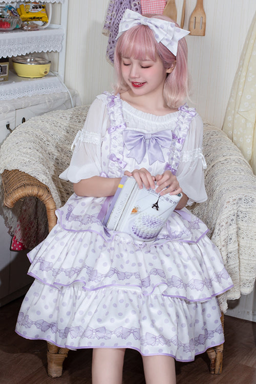 Polka Dot Print Sleeveless Bowknot Multi-Layer Ruffled High Waisted Sweet Lolita Tiered JSK Dress