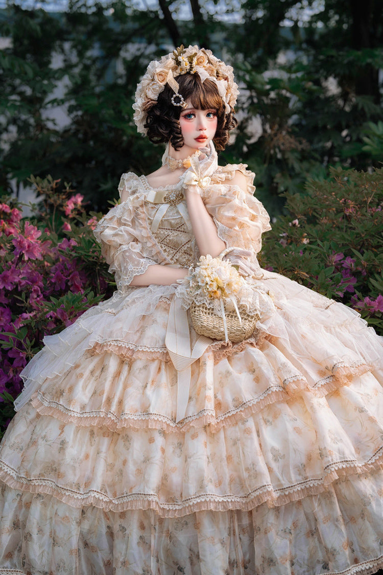 Yellow Rose Letter Off Shoulder Triple-Layered Print Ruffle Hanayome Sweet Princess Lolita Dress
