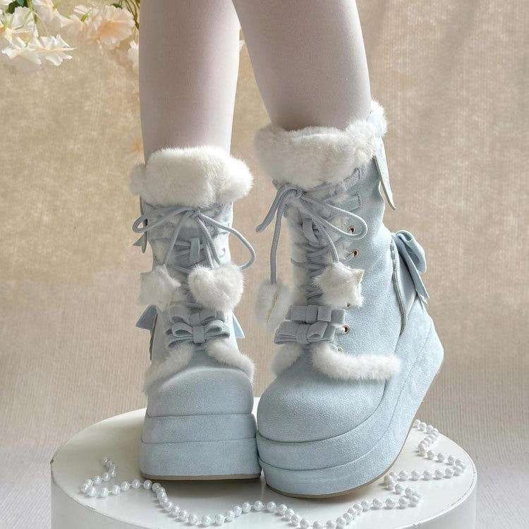 Blue Cute Platform Thick-Soled Bowknot Lace-Up Sweet Lolita Plush Boots