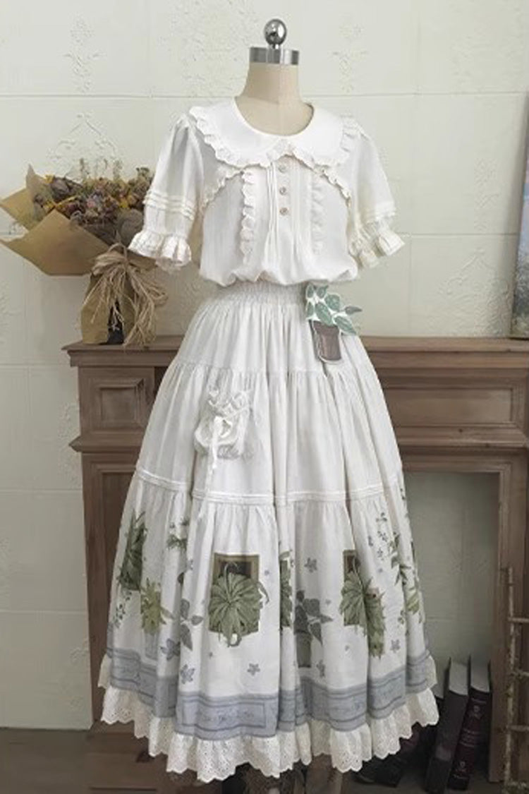 Ivory Potted Plant Print Ruffle Sweet Lolita Skirt
