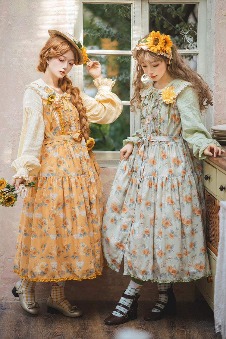 Yellow Gardening Sunflower Sleeveless Print Ruffle Bowknot Sweet Elegant Lolita Jsk Dress