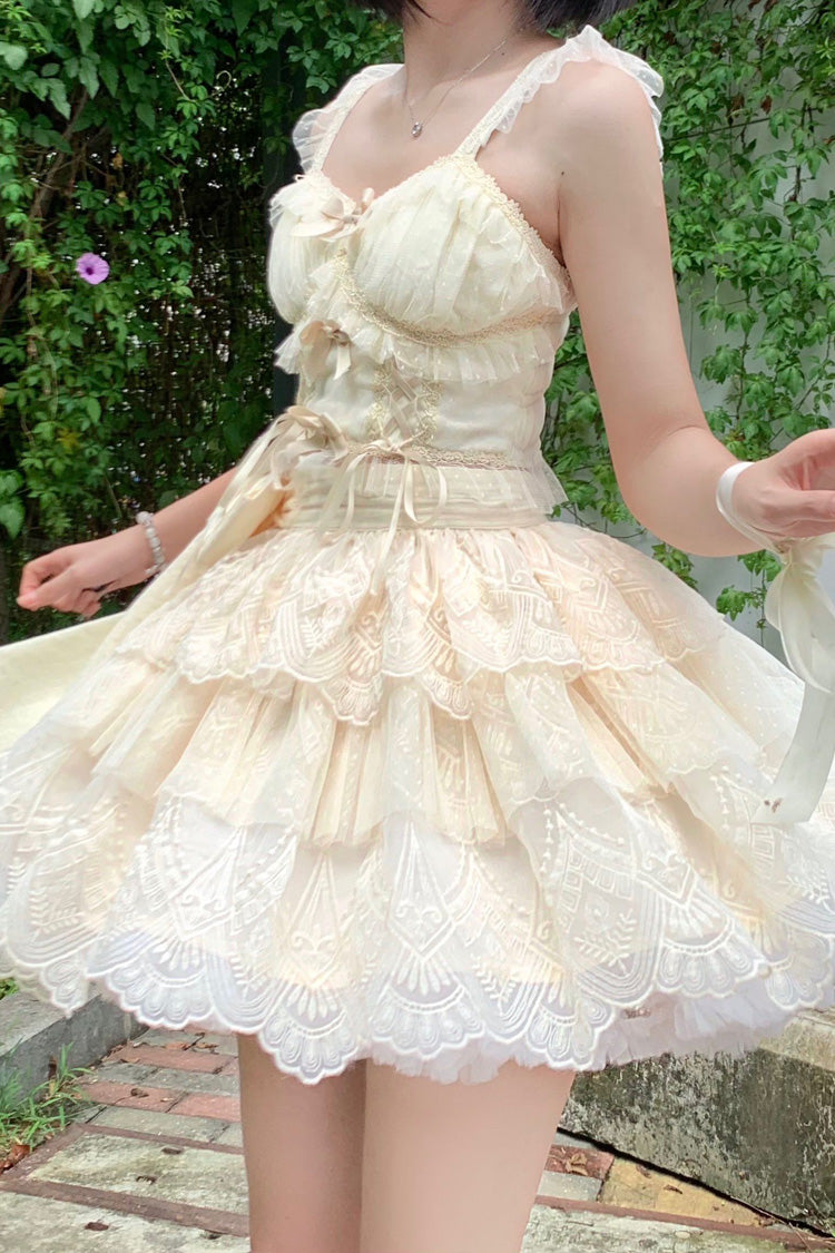 Ivory Tidal Triple-Layered Ruffle Bowknot Sweet Lolita Skirt 2 Versions